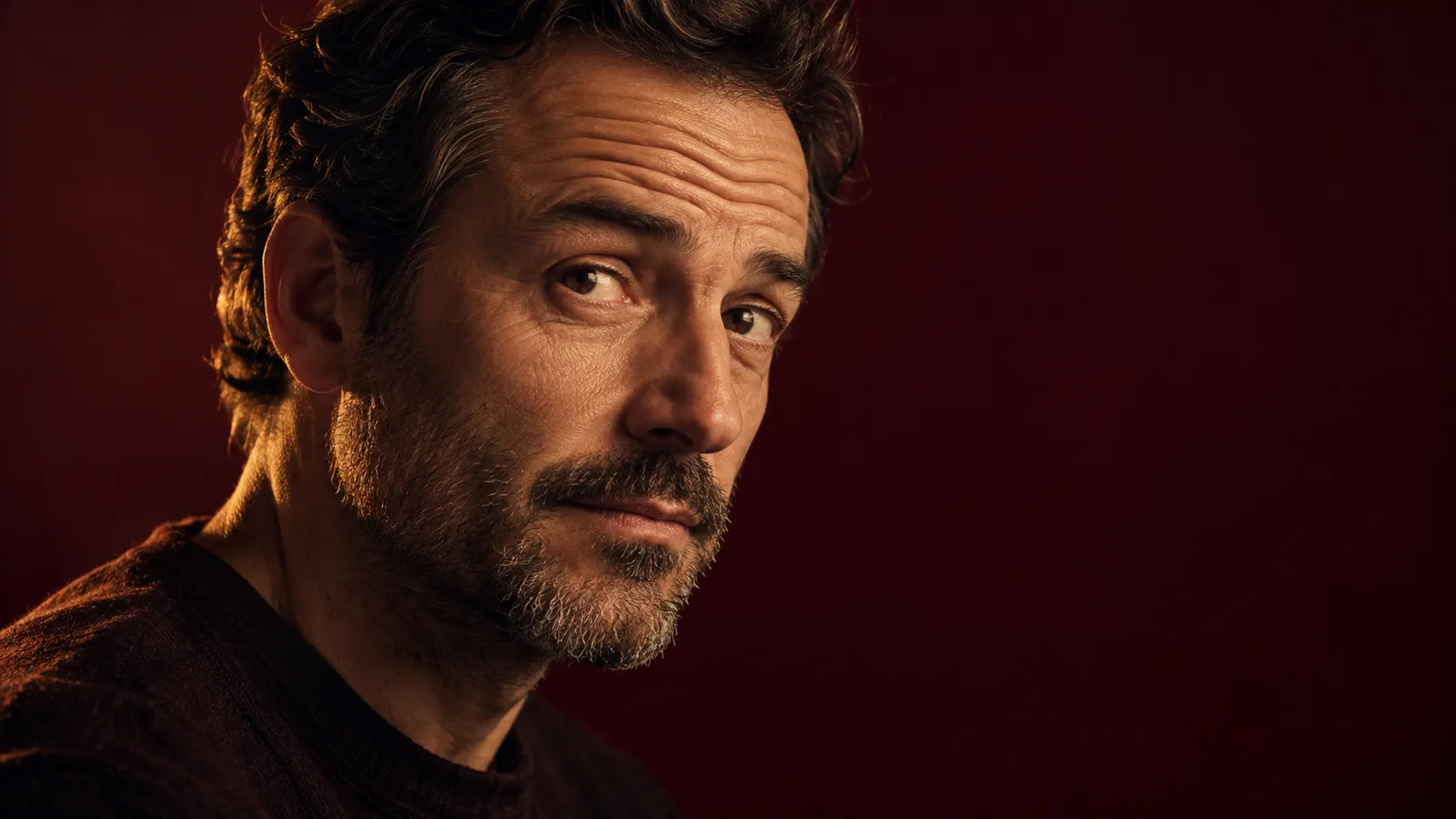 Portrait of a man in his forties with horizontal forehead lines against a dark burgundy background.