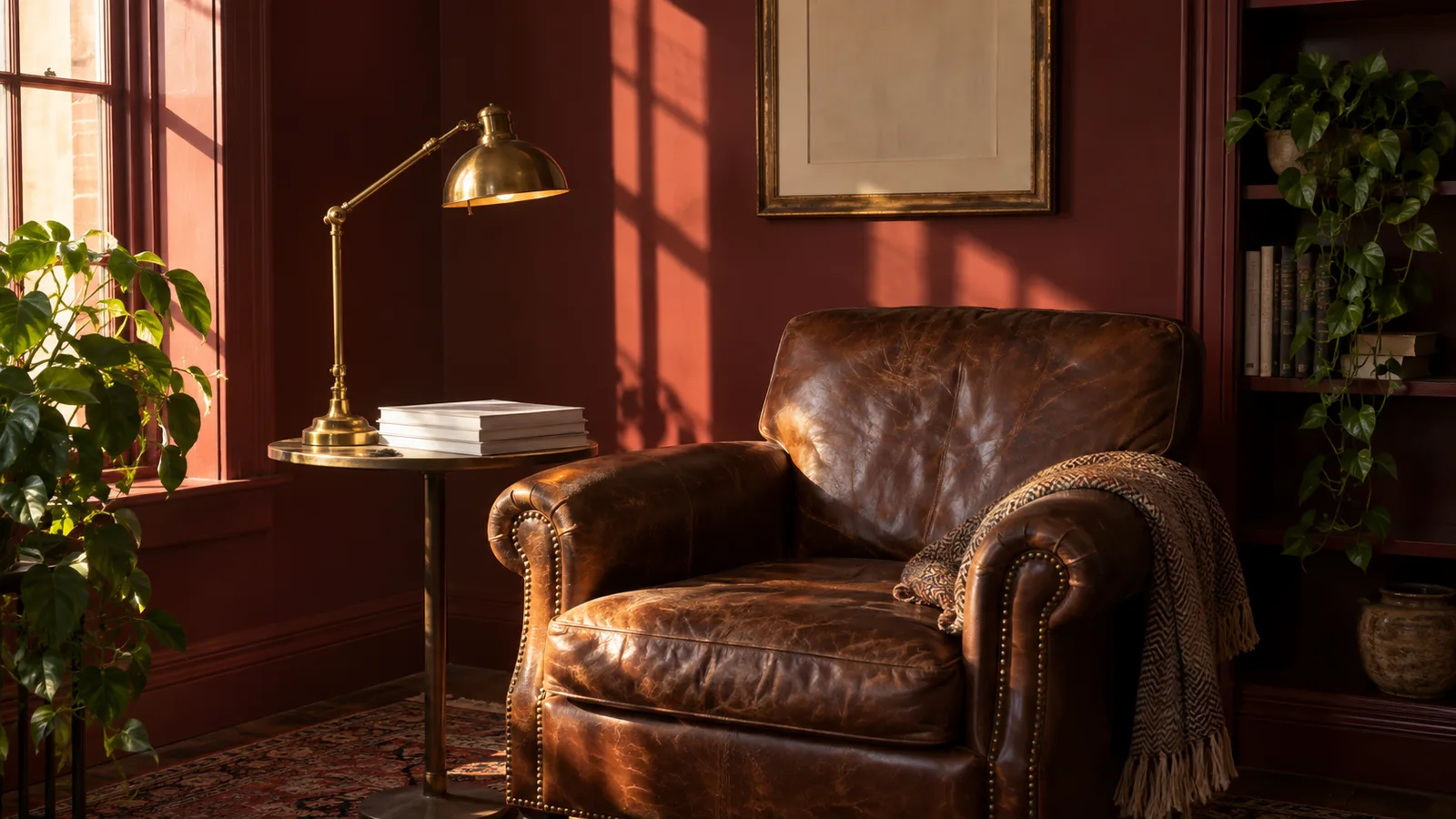 Worn brown leather armchair with a fringed throw beside a brass lamp and stacked books in a sunlit burgundy room.