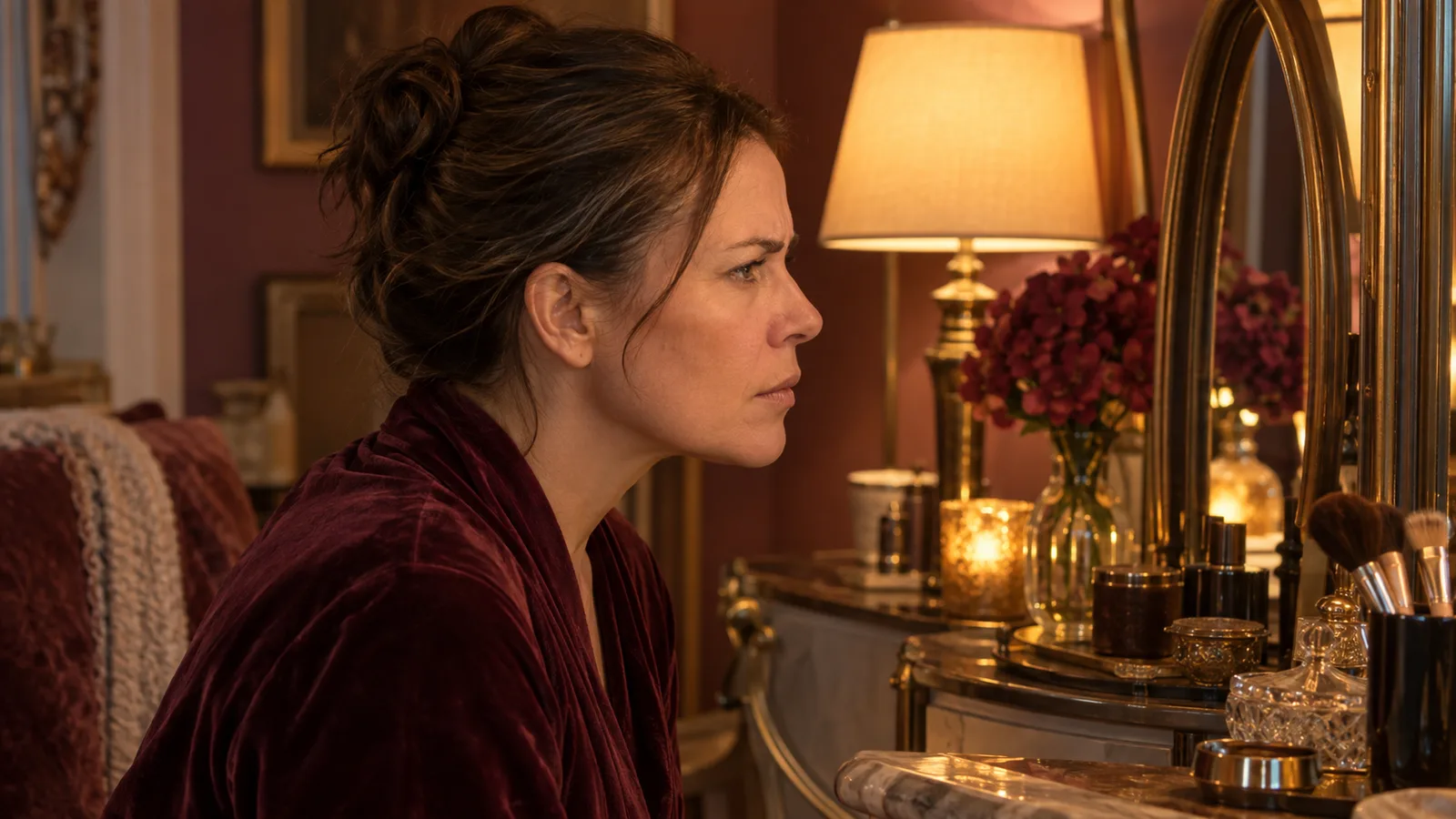 In profile, a woman in a velvet robe sits at a lamplit vanity with a gold-framed mirror, her expression serious.