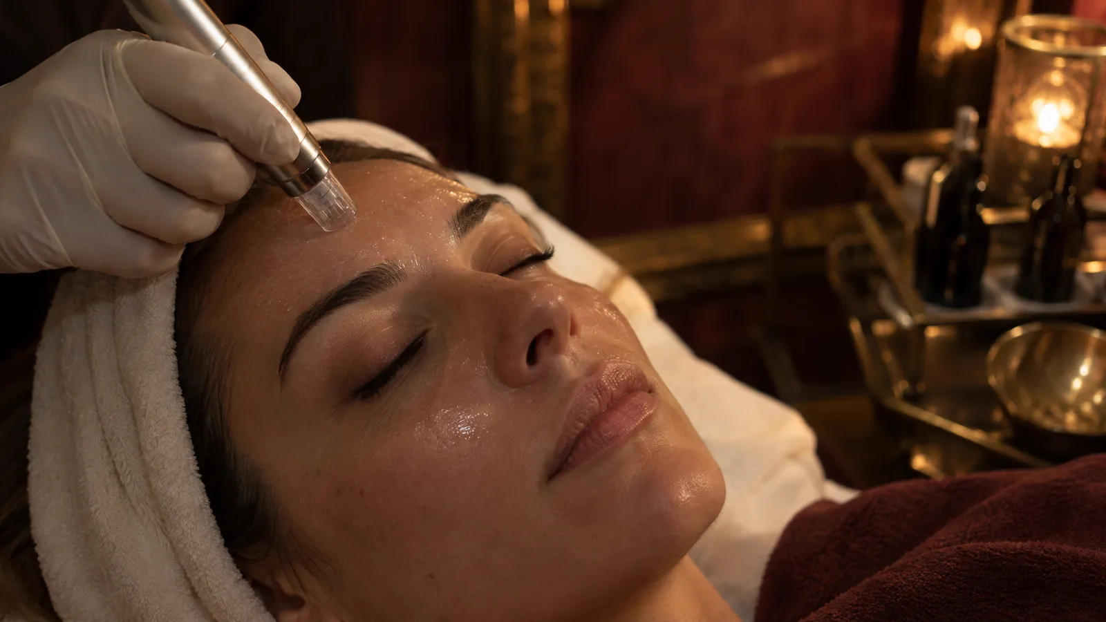 A gloved hand moves a microneedling pen across the forehead of a woman lying back with her hair in a towel.